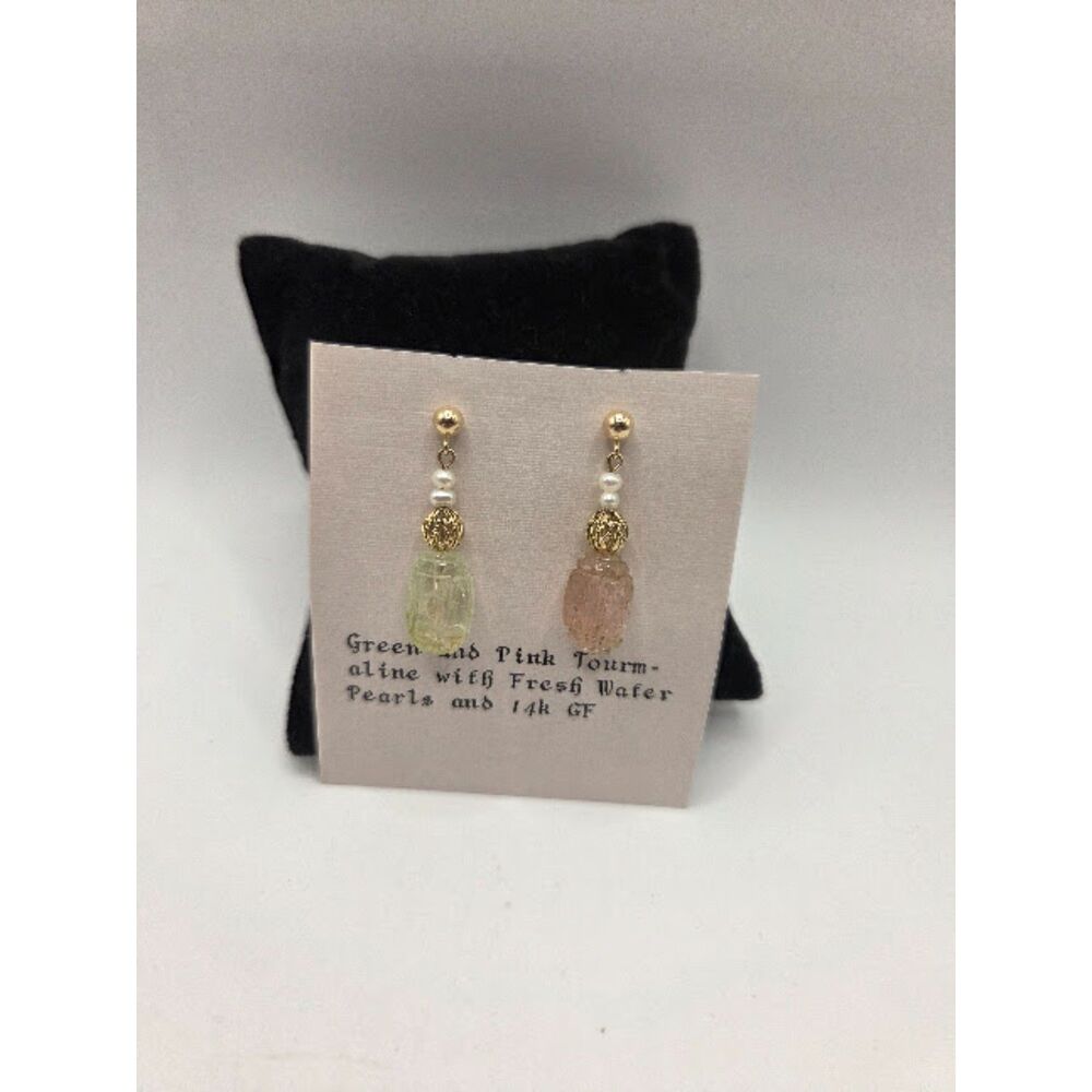 1909. Pink & Green Tourmaline Drop Earrings 14k Gold Filled Freshwater Pearl